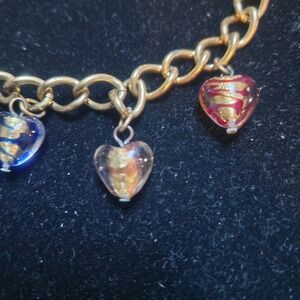 Vintage Gold Tone Charm Bracelet with Colorful Glass Heart Charms 8 Inch